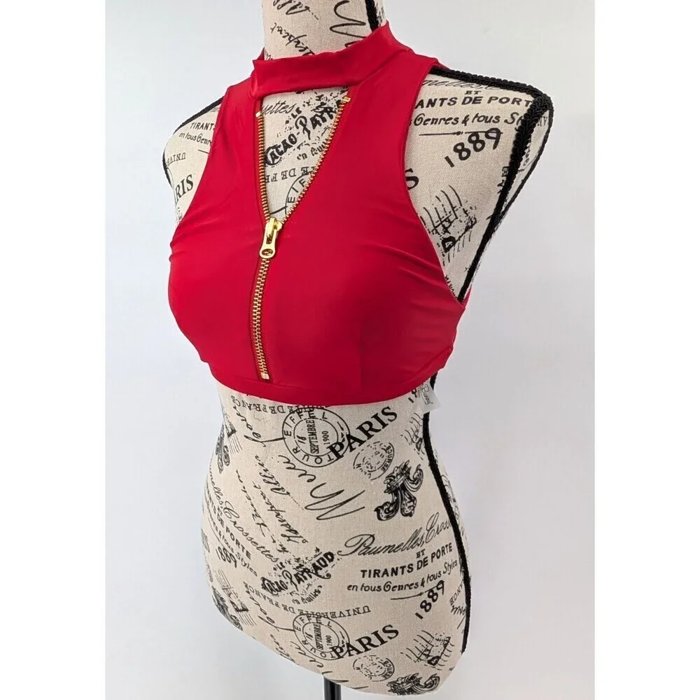 Beach‎ Bunny Swim Bikini Top Small Red Zip Front High Neck Beach Eye Catching